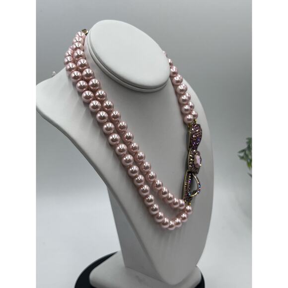 Heidi Daus "Beaux Arts" Pink Pave Crystal Bow Pearl Beaded Two Strand Necklace - Picture 10 of 15